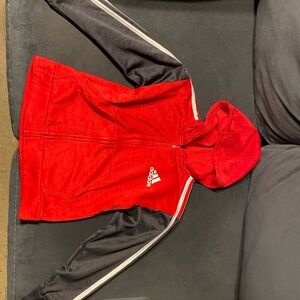 Adidas Kids’ Red Jogger Jacket withBlack Sleeves,white Stripes,a hood,size 6,new